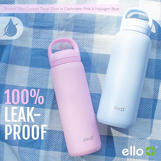 Ello Cooper Twist 32oz Stainless Steel Water Bottle with Chug Lid | Leak Proof | Double Walled and Vacuum Insulated | Built in Carry Loop | Dishwasher Safe | Halogen Blue