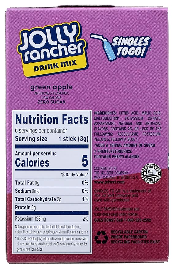 Jolly Rancher Singles-To-Go Sugar Free Green Apple Drink Mix, 6-ct (Pack of 6)