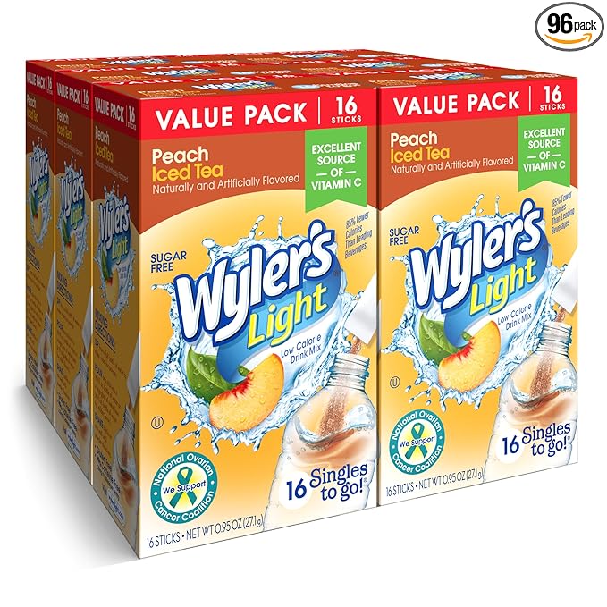 Wyler's Light Singles To Go Powder Packets, Water Drink Mix, Peach Iced Tea, 16 Count, 6 Boxes (96 Single Servings)