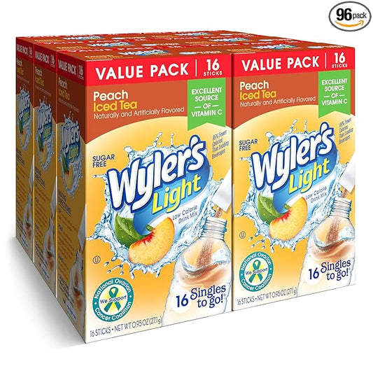 Wyler's Light Singles To Go Powder Packets, Water Drink Mix, Peach Iced Tea, 16 Count, 6 Boxes (96 Single Servings)