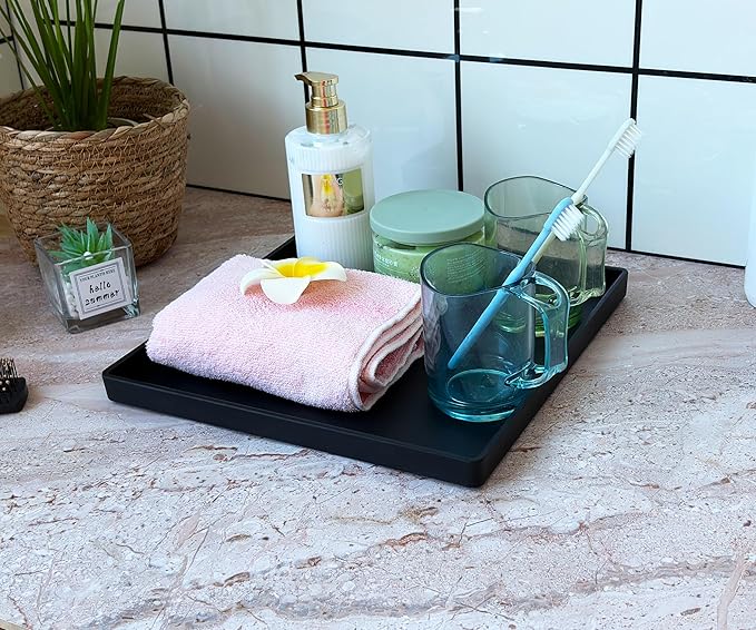 Black Square Tray 11 Inch - 3 Pack Organizer Decorative Tray for Bathroom Vanity, Coffee Table, Dresser & Kitchen Countertop - Black Catch-All Tray for Home Decor, Jewelry, Makeup & Snacks