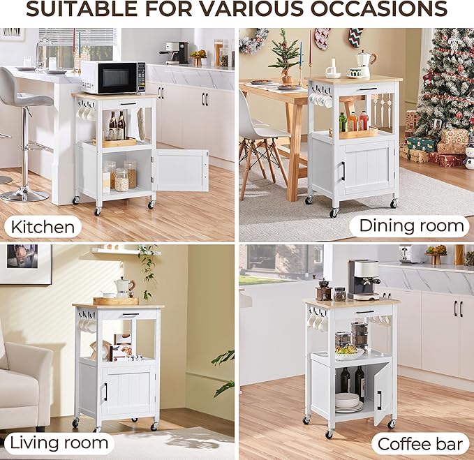 Yaheetech Kitchen Island Cart with Storage, Rolling Kitchen Island on Wheels with 6 Side Hooks, Wood Top Microwave Cart with Drawer for Dining Room, White