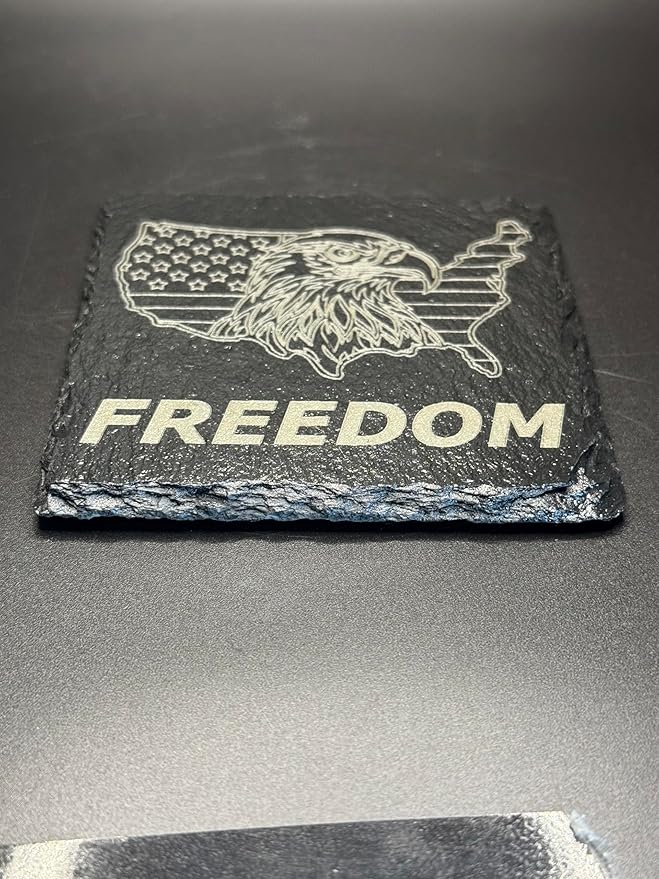 American Flag Bald Eagle Freedom Slate Coasters, Set of 4, Black Natural Stone Drink Coasters