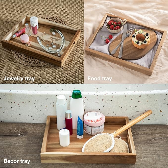 item_name: VICTORY RELAX Natural Acacia Wooden Rectangular Serving Tray with Handles, Set of 2 (15"x11" & 13.6"x 9.6"), Large Tray for Ottoman, Breakfast in Bed, Dinner, Coffee Table Decor & Kitchen