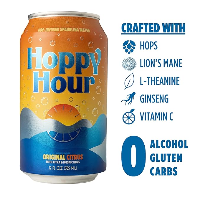 Hoppy Hour Sparkling Hop Water, Non-Alcoholic and Adaptogens Drink, Zero Sugar and Calories, Refreshing Original Citrus Flavor, 12 oz Cans (12-Pack)