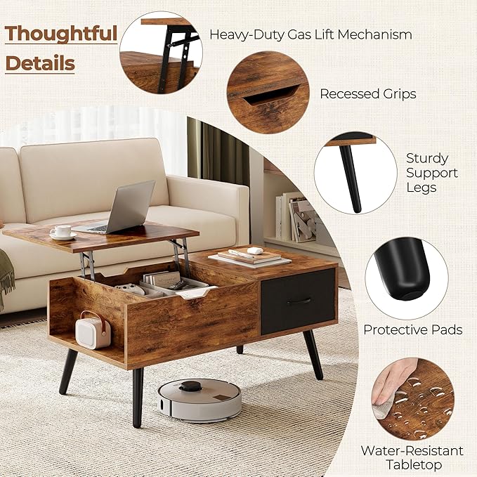 Yaheetech Lift Top Coffee Table for Living Room, Wooden Small Center Tables with Large Storage Shelf Drawer and Hidden Compartment Modern, Rustic Brown