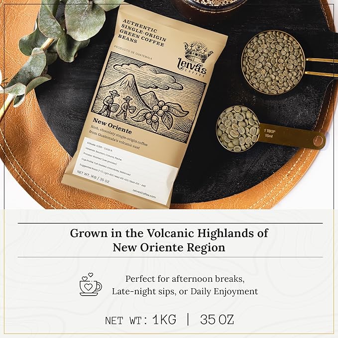 Leiva’s Unroasted Green Coffee Beans (1kg) – Nuevo Oriente Single Origin Coffee w/Rich Chocolate Notes – Washed, Shade Grown Organic Guatemala Beans – Low Acid, Whole Bean Unroasted Blend