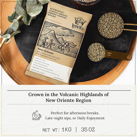 Leiva’s Unroasted Green Coffee Beans (1kg) – Nuevo Oriente Single Origin Coffee w/Rich Chocolate Notes – Washed, Shade Grown Organic Guatemala Beans – Low Acid, Whole Bean Unroasted Blend