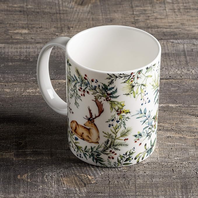 Maison d' Hermine Coffee Mug with Handles Fine Bone China Mugs Pack of One Tea Cups for Hot Beverages Cappuccino Latte Home Restaurant Office Perfect for Gift (Holly Time - Cerf, 12 Ounce)