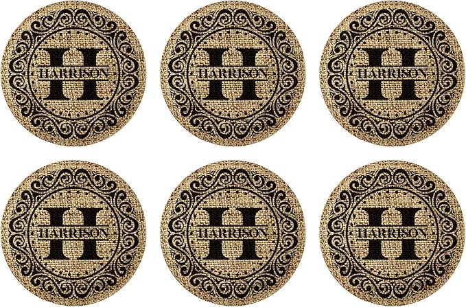 Smile Art Design Family Monogram Custom Coaster Set of 6 with Base Round Burlap Material Family Name Personalized Prints Personalized Gift House Warming Wedding Gift Coffee Table Rustic Decor Style5