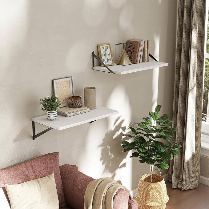 Deep Floating Shelves Wall Mounted, 24"x12" White Wall Shelves with Brackets Set of 2 for Bedroom, Living Room, Bathroom, Kitchen, Office - Storage & Display Shelf for Decor, Books, Plants