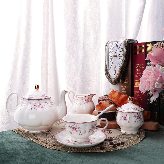 fanquare Vintage Porcelain Tea Set for Women Tea Party, Cup and Saucer Set for 6, Wedding Floral Teapot Set for Adults, Pink Rose