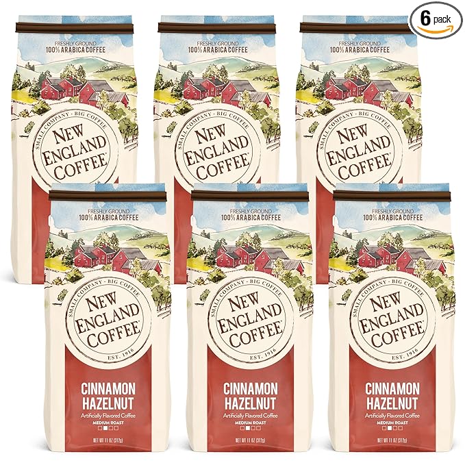 New England Coffee Cinnamon Hazelnut Medium Roast Ground Coffee, 11oz Bag (Pack of 6)