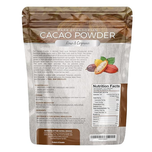 Pure Natural Miracles Cacao Powder - Organic, Raw, Unsweetened, Sugar Free Cocoa - Wild Chocolate Flavor - Perfect for Smoothies and Baking - 2 lb