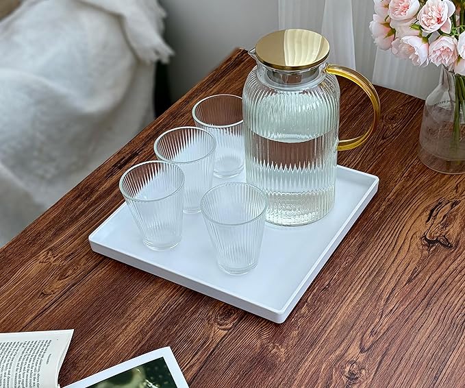 Square Tray for Organization, 11 Inch Plastic Serving Tray, Multi-Purpose Decorative Tray for Bathroom Countertop, Dresser, Ottoman & Coffee Table, Vanity Tray for Jewelry & Makeup, White