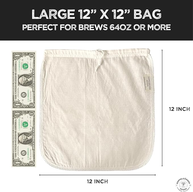 (2-Pack, Large 12in x 12in) Organic Cotton Cold Brew Coffee Bag - Designed in California - Reusable Coffee Filter with EasyOpen Drawstring Cold Brew Maker for Pitchers, Mason Jars, & Toddy Systems