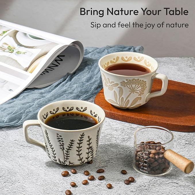 LINVIA Ceramic Coffee Mug, 12 oz Novelty Unique Teacup with Handle, Stoneware Cup for Tea Mocha Latte Cappuccino Espresso (Set of 4, Butterfly Grass Ivy and Leaf) | Novelty, Unique Teacup, Large Handle, Tea, Mocha, Latte