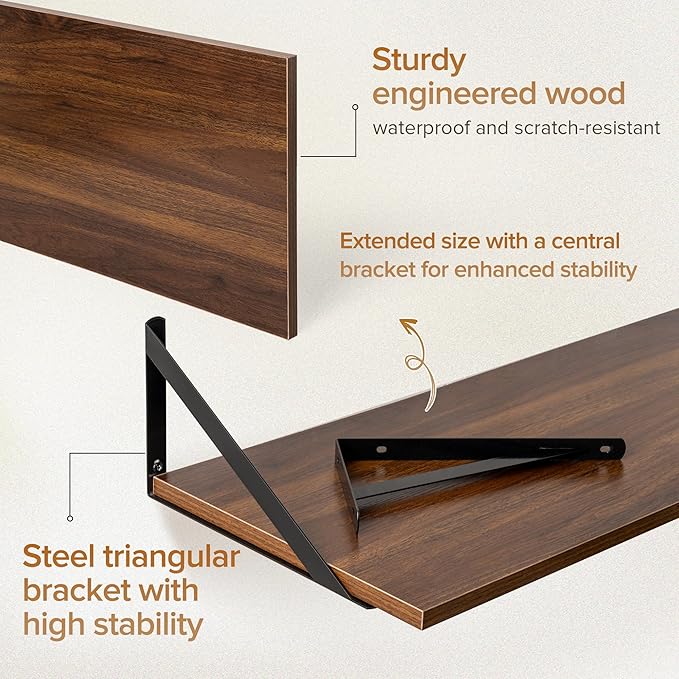 Deep Floating Shelves Wall Mounted, 55"x12" Walnut Wall Shelves with Brackets Set of 2 for Bedroom, Living Room, Bathroom, Kitchen, Office - Storage & Display Shelf for Decor, Books, Plants