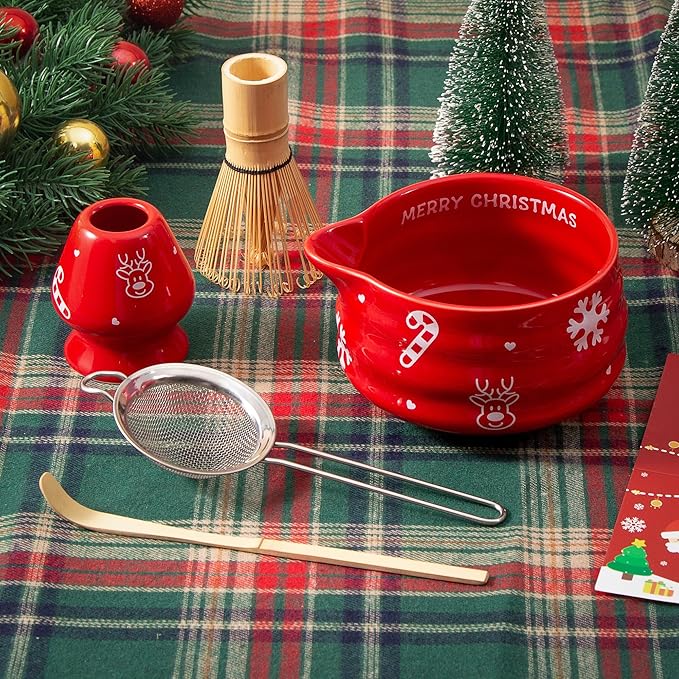 5pcs Premium Matcha Set,Ceramic Bowl with Spout and Bamboo Whisk set, Ceremonical Matcha Kit for holiday,Tea Starter Making Kit,Christmas Matcha Gift set (Reindeer Red)