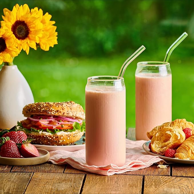 Set of 6 Ribbed Can Shaped Glass Cups with Glass Straws - 16oz Can Glass Drinking Glasses, Iced Coffee & Ice Tea Glasses, Clear Kitchen Tumbler Cup Cocktail Glass for Soda, Kiddush Cups & Sets