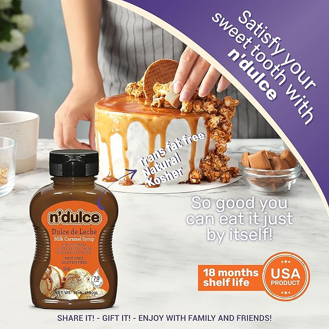 N’DULCE Dulce De Leche Syrup | Caramel Creams | Syrups For Coffee Drinks | Light Texture and Rich Flavor | Gluten-free | Nut-free | Pourable Syrup For Beverages, Desserts & Pastries -12 oz