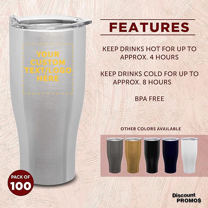 Custom Stainless Steel Grip Travel Mugs 27 oz. Set of 100, Personalized Bulk Pack - Perfect for Coffee, Soda, Other Hot & Cold Beverages - Silver