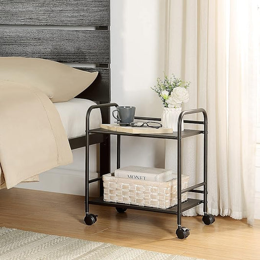 SunnyPoint 2-Tier Metal Rolling Utility Cart – Mobile Storage Shelf with Caster Wheels – Small Space Organizer for Home, Office, Bedroom, Kitchen (BLK) (Pack of 2)