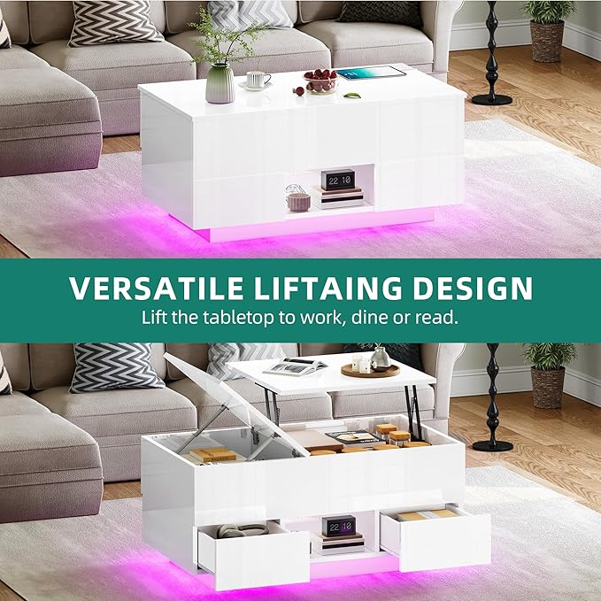 YITAHOME LED Lift Top Coffee Tables for Living Room with Power Outlets Charging Station, Modern Coffee Table with Storage 2 Drawers and Open Shelfs Rectangular Small Coffee Table Decor, Glossy White