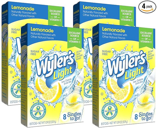Wyler's Light Singles Water Drink Mix To Go Powder Packets, Lemonade, 8 Count (Pack of 4)