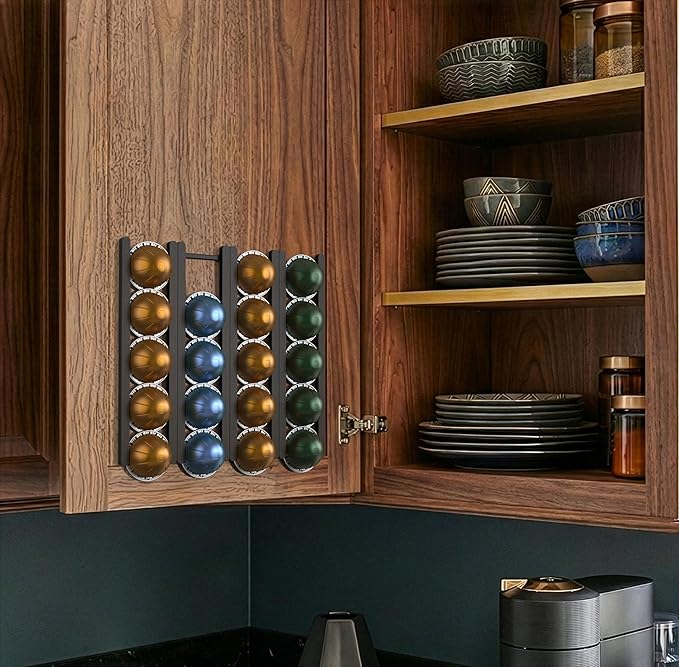 Adhesive Coffee Pod Holder for Nespresso VertuoLine, Holds 20 Capsules - Wall or Cabinet Mounted Coffee Capsule Rack with Strong 3M Adhesive Strips, Vertical or Horizontal Mount
