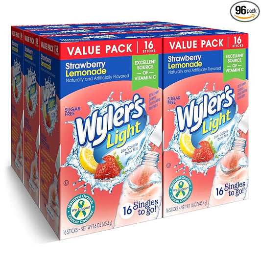 Wyler's Light Singles To Go Powder Packets, Water Drink Mix, Strawberry Lemonade, 16 Count, 6 Boxes (96 Single Servings)