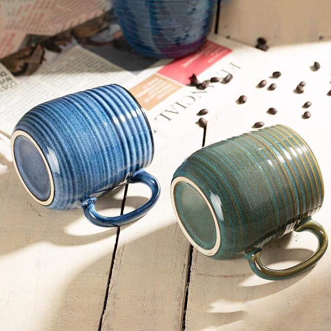 20 oz Large Ceramic Coffee Mug, Coffee Mugs for Women and Men, Big Tea Cups, Large Handle Handmade Pottery Mug for Office and Home, Microwave and Diahwasher Safe (Green with Stripes, 1PCS)