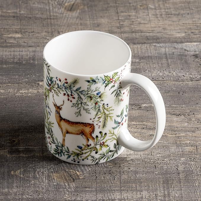 Maison d' Hermine Coffee Mug with Handles Fine Bone China Mugs Pack of One Tea Cups for Hot Beverages Cappuccino Latte Home Restaurant Office Perfect for Gift (Holly Time - Biche, 12 Ounce)