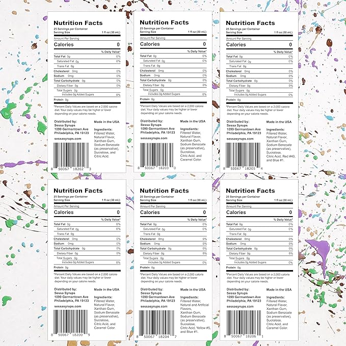 Sessa Syrups Sugar Free Sampler Pack: Simple Syrup, Hazelnut, Lavender, Vanilla, Pistachio, Salted Caramel (25.4 Fl Oz, 6 Pack)