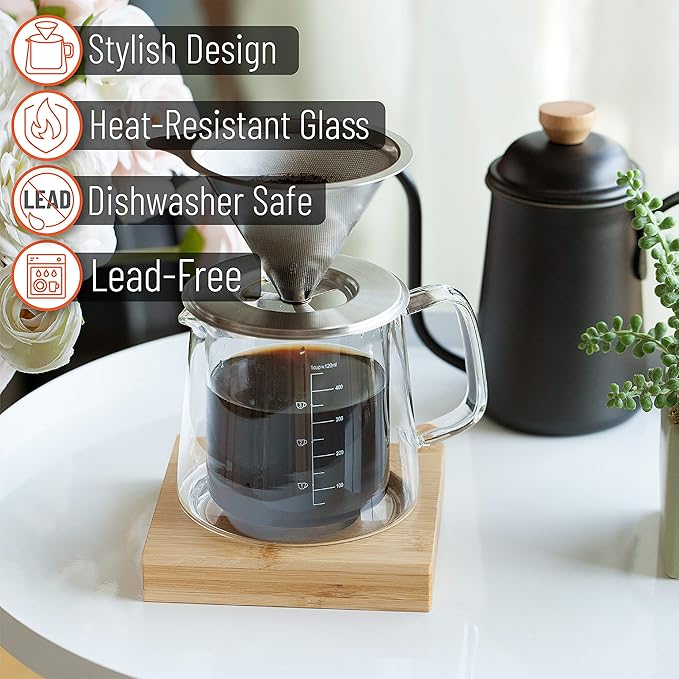 Brew To A Tea BTaT- Pour Over Coffee Maker Set, Double Wall Glass, 16 oz, Drip Coffee Maker Pour Over, Permanent Filter