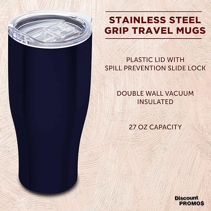 DISCOUNT PROMOS 10 Stainless Steel Grip Travel Mugs Set, 27 oz. - Vacuum Insulated, Plastic Lid - Blue