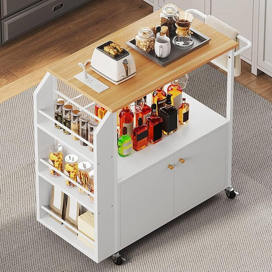 YITAHOME Kitchen Island Cart with Power Outlet, 36 Inch Mobile Kitchen Cart with Open Shelves, Rolling Portable Serving Utility Carts on Wheels with Storage for Kitchen, Dining Room, White