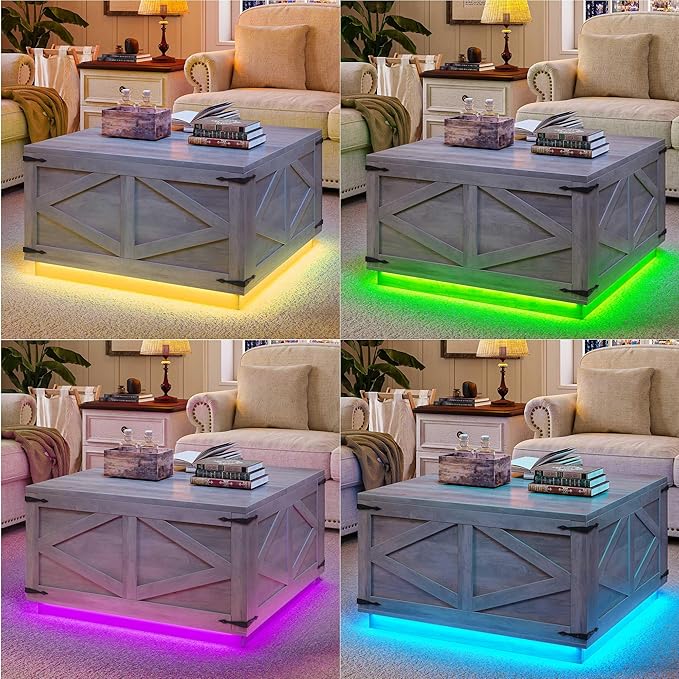 Farmhouse Lift Top Coffee Table, Square Wood Center Table with LED Lighting, USB-C Charging Station, and Hidden Storage Compartment - Rustic Grey Living Room Furniture