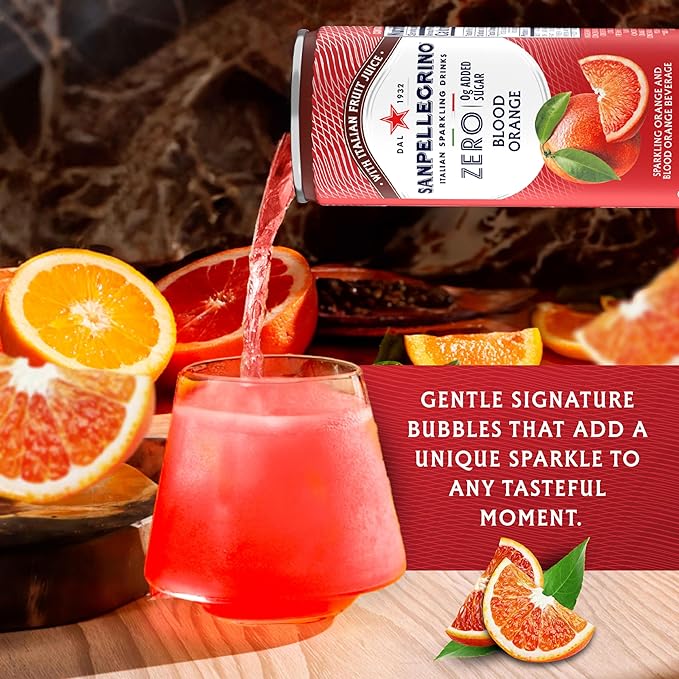 Sanpellegrino Zero Grams Added Sugar Italian Sparkling Drinks Blood Orange, Sparkling Orange and Blood Orange Beverage, 24 Pack of 11.15 Fl Oz Cans