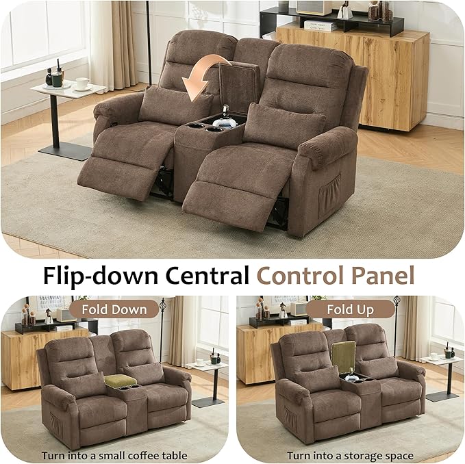 DRMBOOK RV Loveseat Recliner Sofa with Console, Flax Velvet Double Wall Hugger Reclining Couch Manual Home Movie Seating 2 Person Recliner Chair with Cup Holders/Storage/Pocket/Lumbar Pillow, Brown