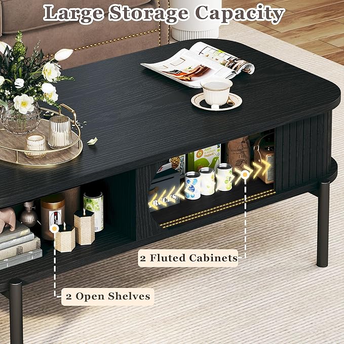 Coffee Table, 39.4" Mid Century Modern Coffee Tables for Living Room, Coffee Table with Storage Open Shelf, Fluted Table with Sliding Cabinet Door, 2-Tier Rustic Wood Desktop, Black