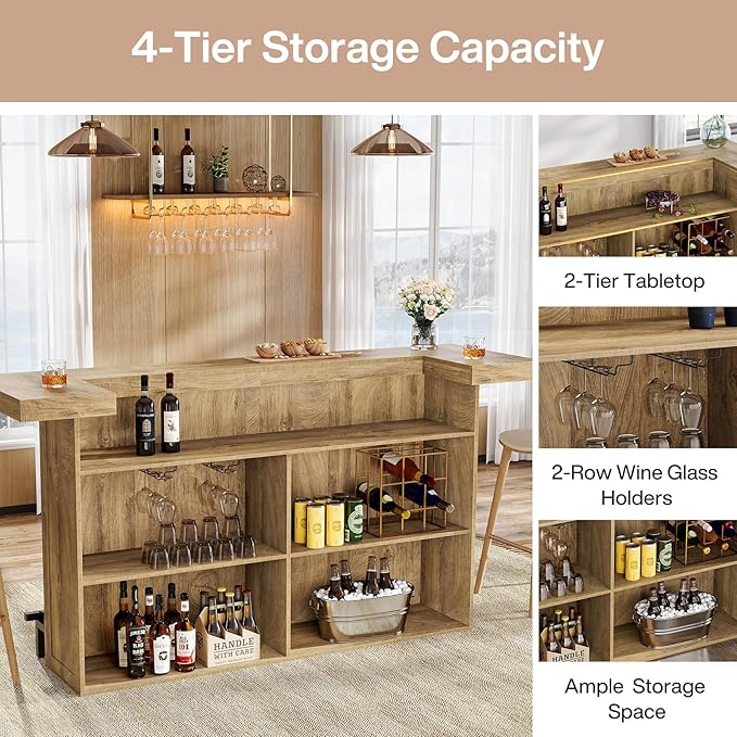 Tribesigns 4-Tier Bar Table, 70.9-Inch Large Wooden Home Bar Unit with Wine Glass Holder and Black Footrest, Pub Table with Storage Shelves for Basement, Dining Room, Living Room, Light Brown