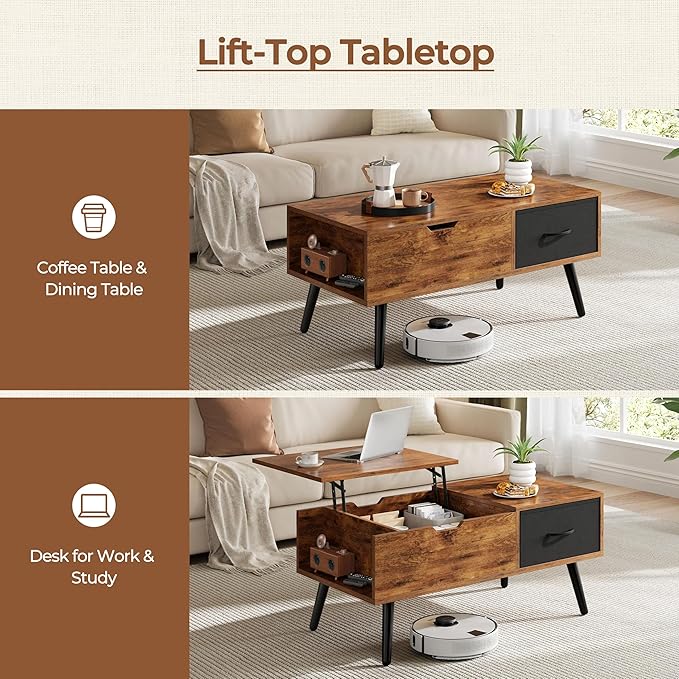 Yaheetech Lift Top Coffee Table for Living Room, Wooden Small Center Tables with Large Storage Shelf Drawer and Hidden Compartment Modern, Rustic Brown