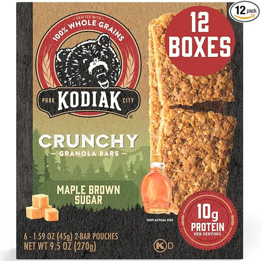 Kodiak Cakes Crunchy Granola Protien Snack Bars, Maple Brown Sugar, High Protein, 100% Whole Grains, 12 boxes with 6 pouches (144 bars)