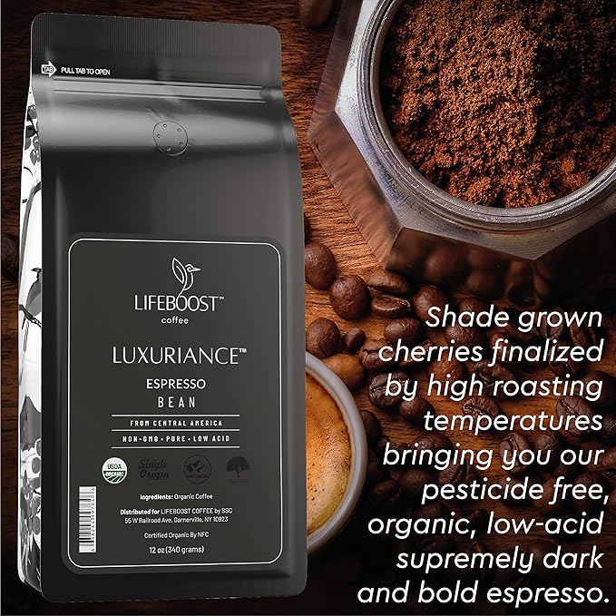 Lifeboost Organic Espresso Whole Bean Coffee - Low Acid Espresso Coffee, Non-GMO, USDA Organic, Single Origin, Third-Party Tested for Mycotoxins & Pesticides - 12 oz Bag