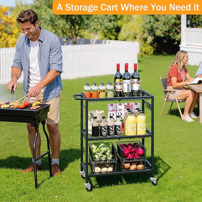 3-Tier Rolling Cart, Space-Saving Kitchen Cart with 150Lbs Capacity, Black Storage Cart with 2 Lockable Wheels for Kitchen Island, Restaurant, Garage, Backyard