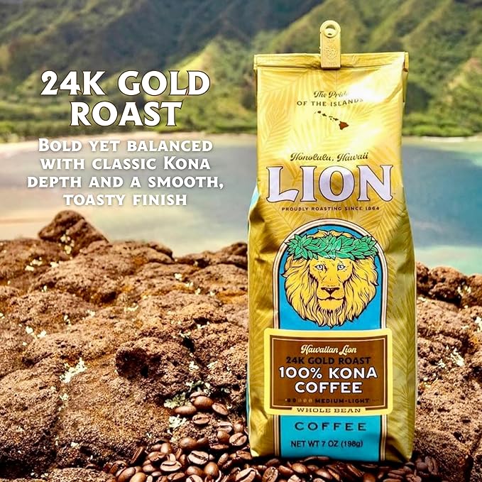 Lion Coffee 24K Gold Roast 100% Kona Ground Coffee, Medium-Light Roast, A Taste of Aloha - 7 Ounce Bag
