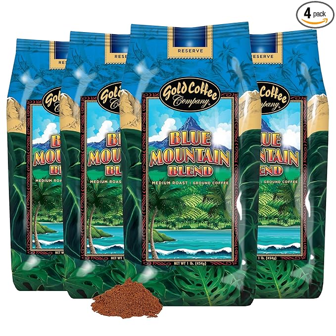 Gold Coffee | Blue Mountain Premium Blend, Medium Roast, Ground | 100% Arabica Coffee, 1 lb. (Pack of 4)