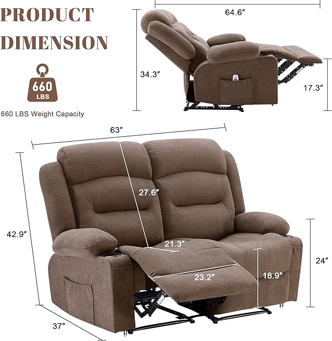 Oversized Recliner Loveseat with Heat and Massage, Wall-Hugger Reclining Sofa with Cup Holders and USB Port, Big Large 2-Seater Double RV Recliner Loveseat for Living Room (Fabric, Brown)