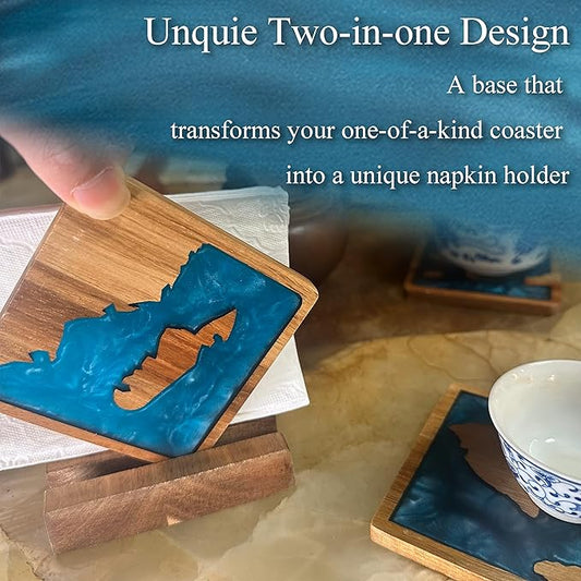 4Pcs Drink Coaster Set with Napkin Holder Conversion Base Acacia Wood with Unique Resin Island Design for Kinds of Cups Tabletop Protection and Decor for Coffee Table Ideas for Gifts